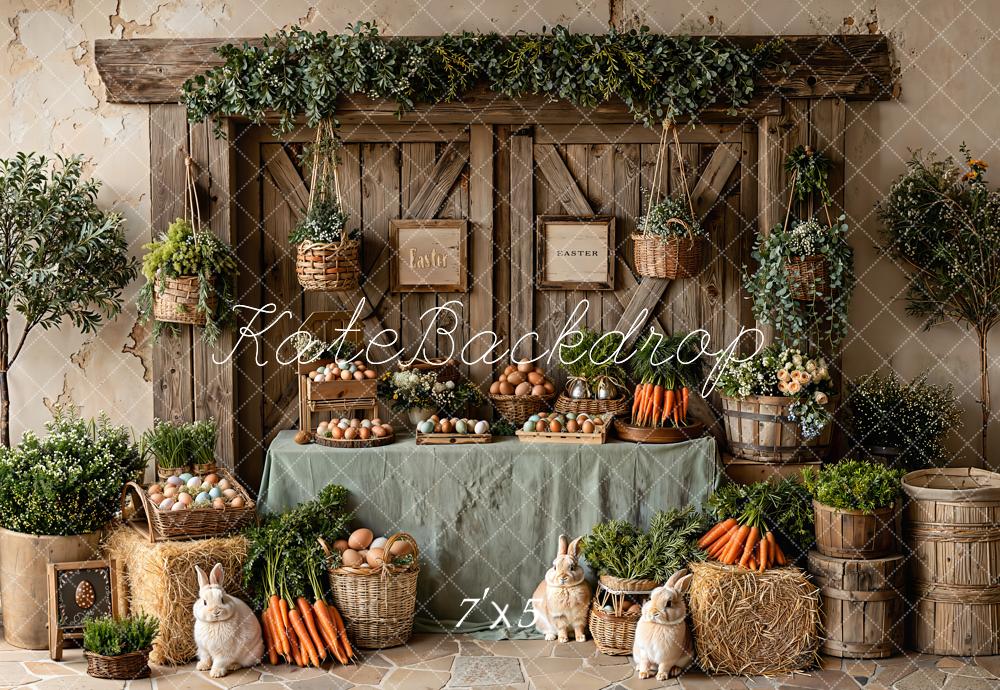 Kate Easter Rustic Brown Barn Door Bunny Carrots Eggs Backdrop Designed by Emetselch