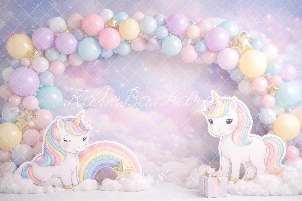 Kate Cake Smash Unicorn Rainbow Pastel Balloon Arch Clouds Backdrop Designed by Megan Leigh Photography