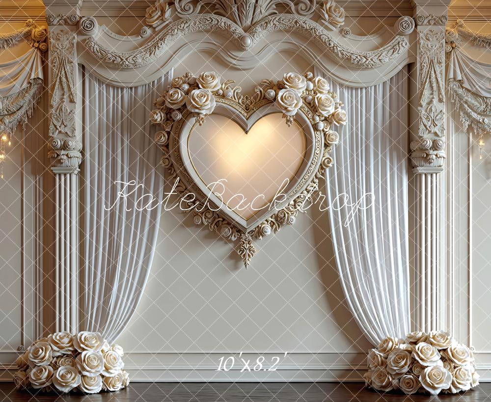 Kate Heart Flower Arch White Drapes Columns Backdrop Designed by Mini MakeBelieve