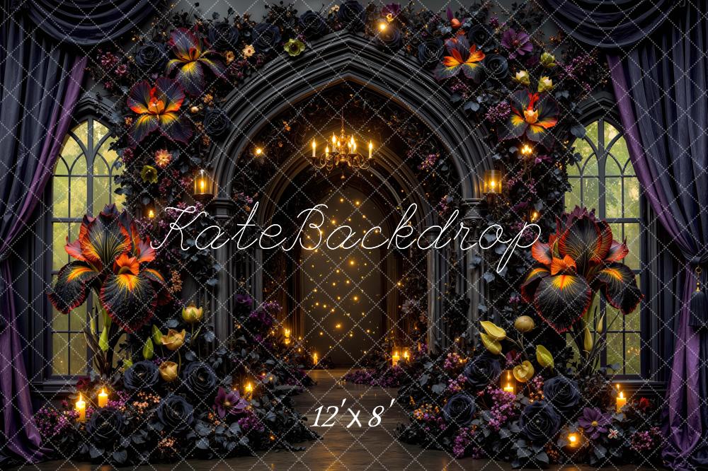 Kate Halloween Gothic Flower Arch Black Roses Chandelier Candles Printed Backdrop Designed by Mini MakeBelieve