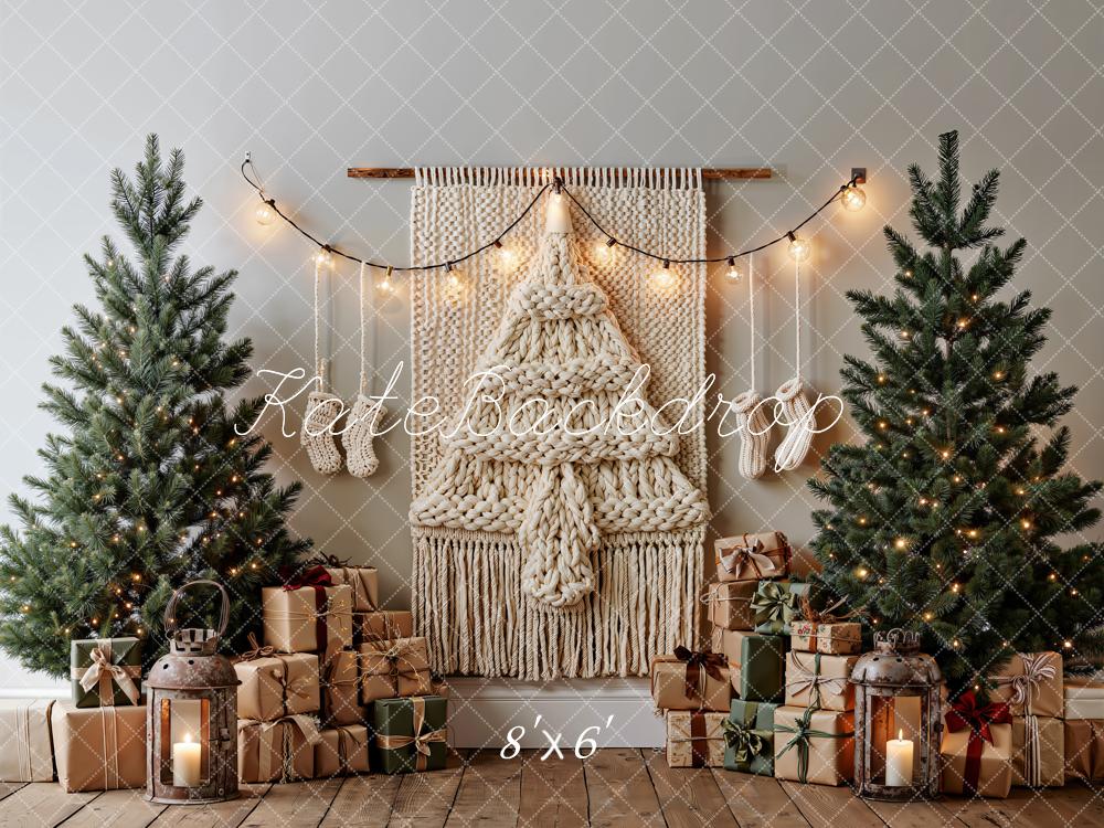 Kate Christmas Boho Macrame Tree Gift Boxes Lanterns Printed Backdrop Designed by Emetselch