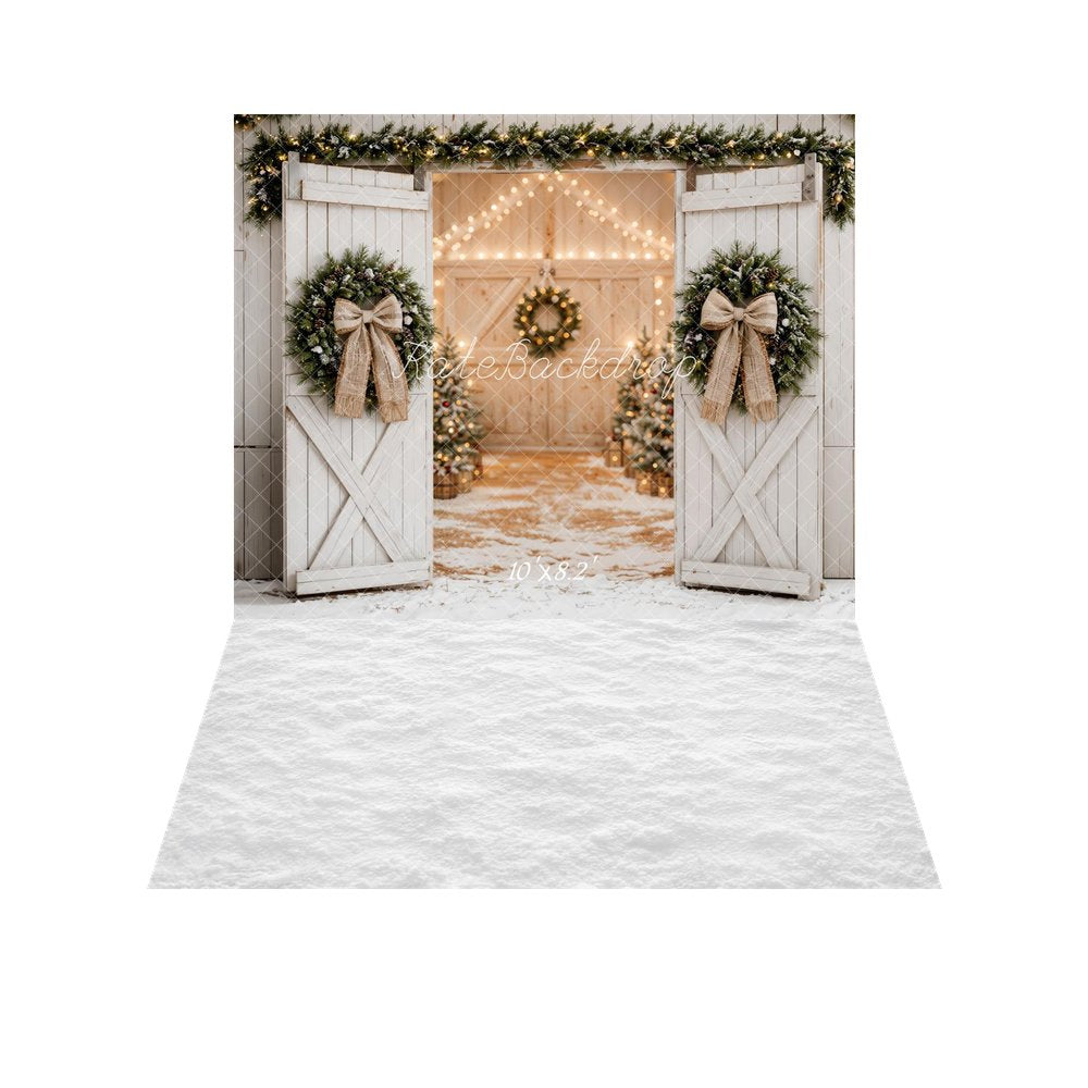 Kate Christmas White Barn Door Wreaths Bow Entryway Printed Backdrop+White Snow Floor Printed Backdrop