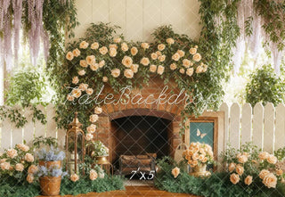 Kate Spring Flower Arch Brick Fireplace Garden Printed Backdrop Designed by Emetselch