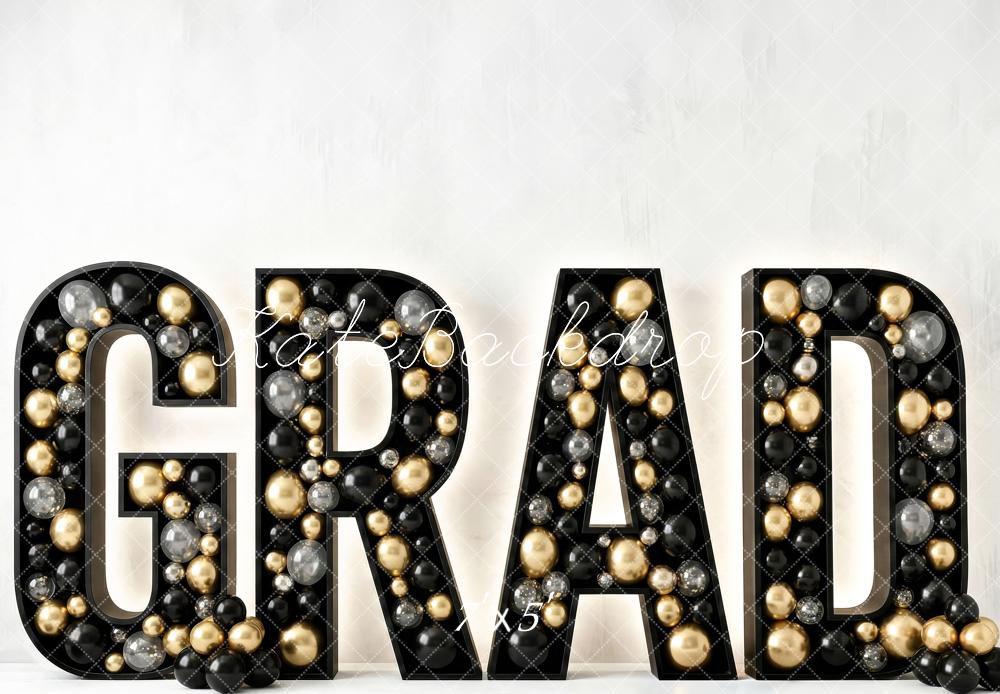 Kate Graduation Black Gold Silver Balloons Printed Backdrop Designed by Patty Roberts