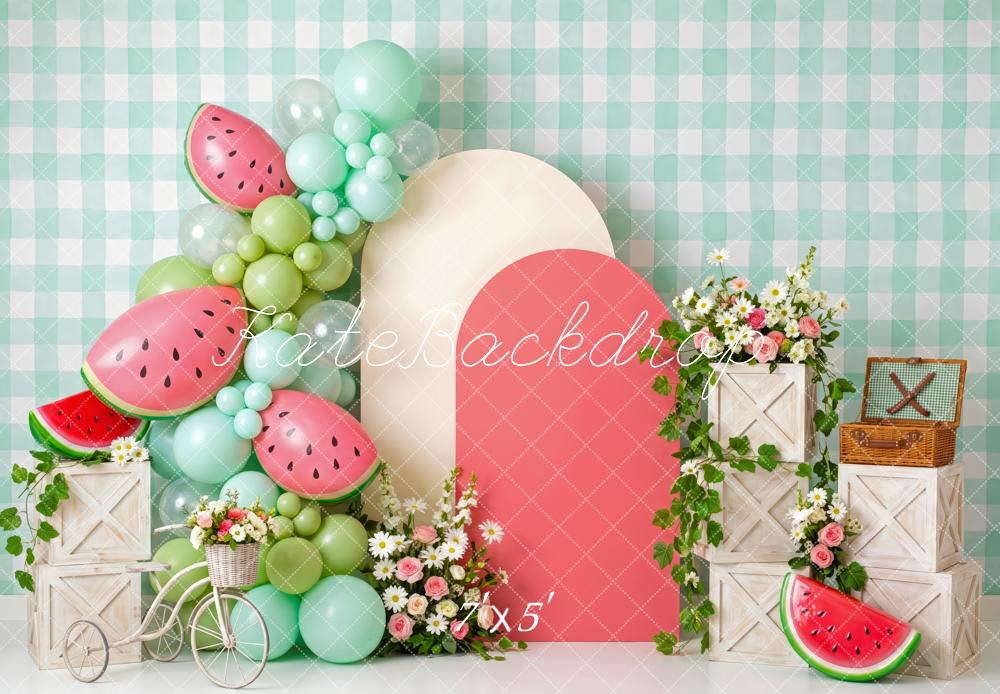 Kate Cake Smash Summer Mint Green Watermelon Balloon Arch Printed Backdrop Designed by Patty Roberts