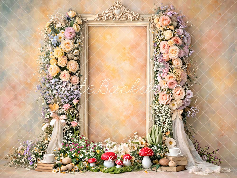 Kate Fairy Flower Arch Vintage Frame Mushrooms Pastel Printed Backdrop Designed by Mini MakeBelieve