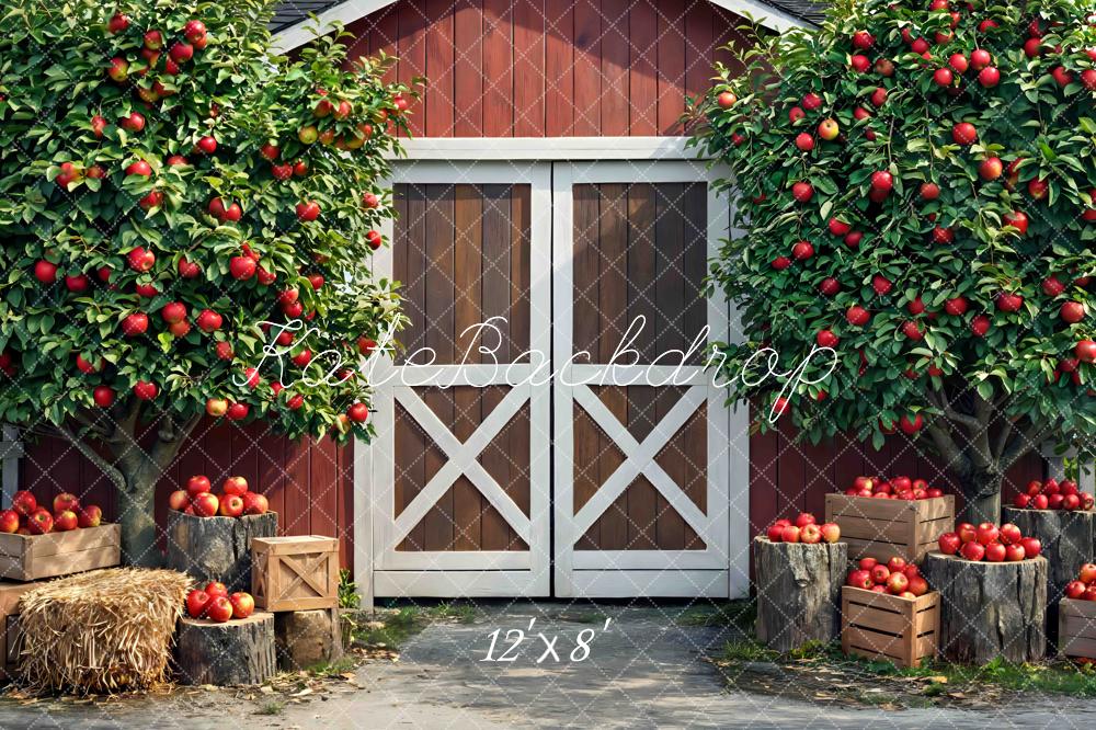 Kate Fall Red Barn Apple Trees Crates Hay Printed Backdrop Designed by Mini MakeBelieve