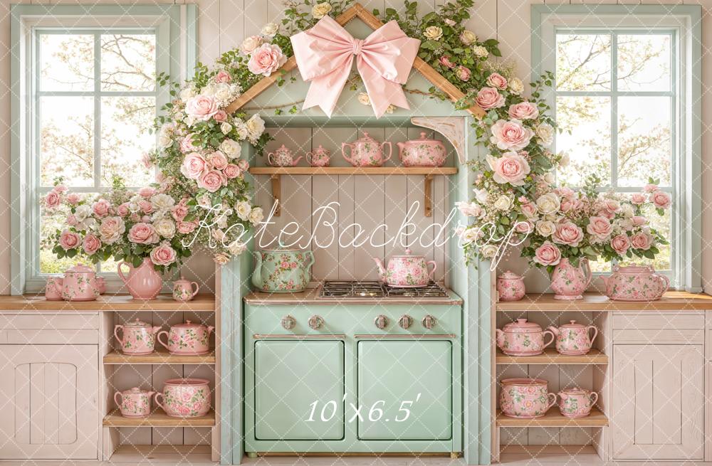 Kate Spring Flower Arch Vintage Kitchen Pastel Teapots Backdrop Designed by Emetselch