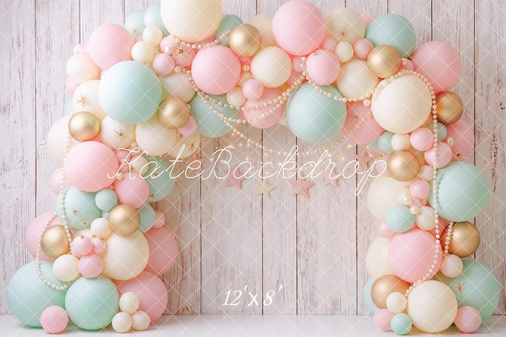 Kate Cake Smash Pastel Balloon Arch Pearl Wood Printed Backdrop Designed by Angela Miller