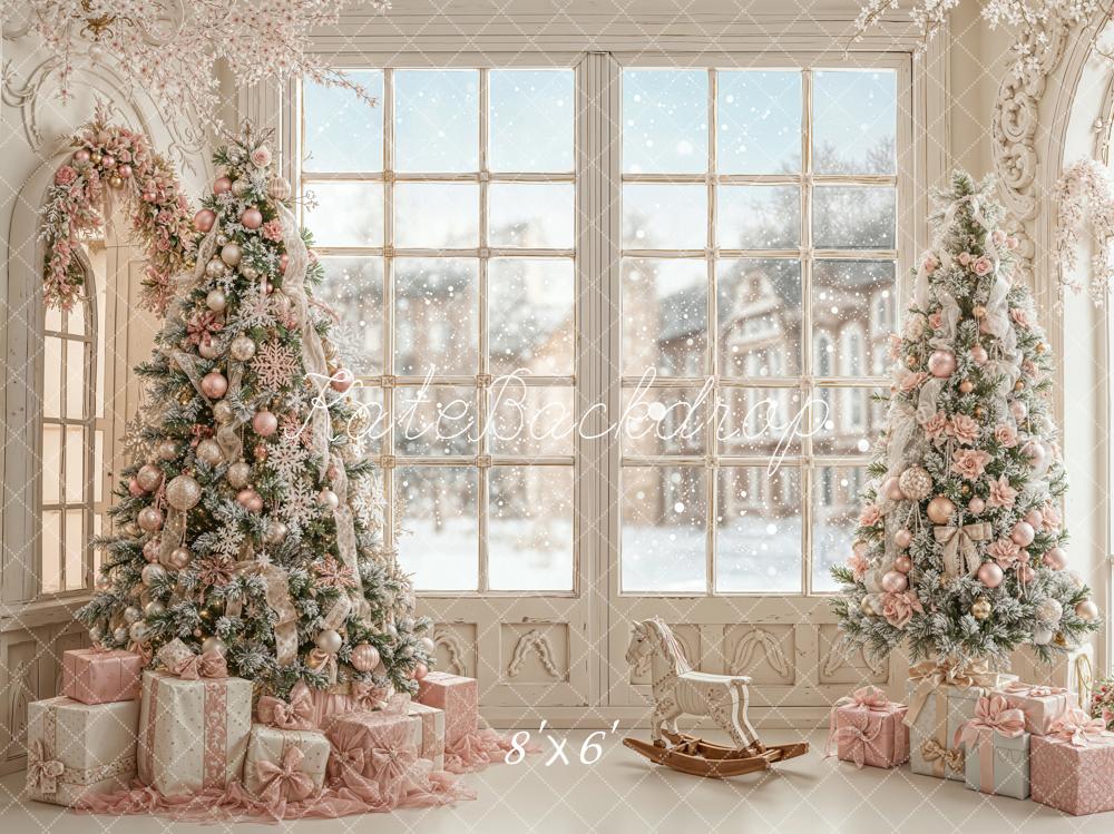 Kate Christmas Pink Trees Gifts Window Snowy Rocking Horse Backdrop Designed by Emetselch