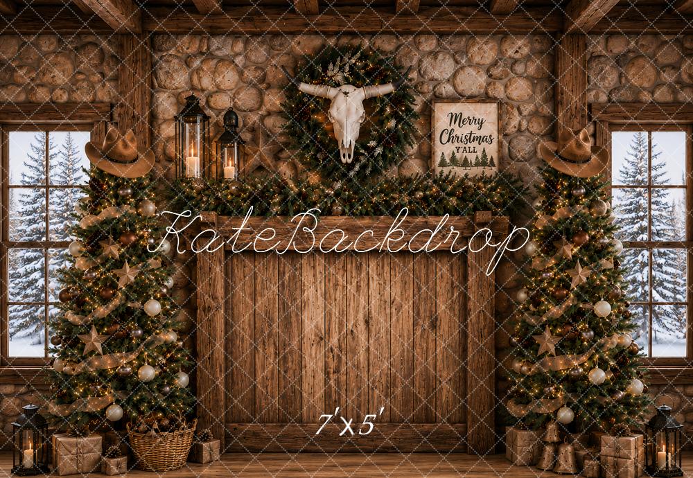 Kate Christmas Headboard Western Cow Skull Christmas Trees Stone Wall Printed Backdrop Designed by Ashley Paul