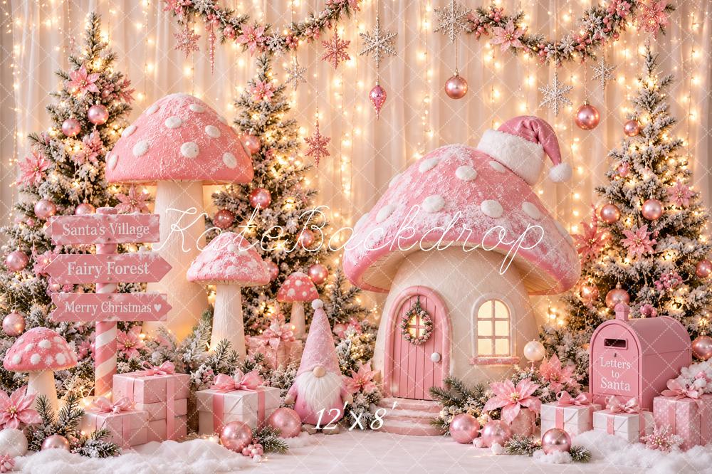Kate Christmas Pink Mushroom Fairy Forest Cottage Snowy Printed Backdrop Designed by Ashley Paul