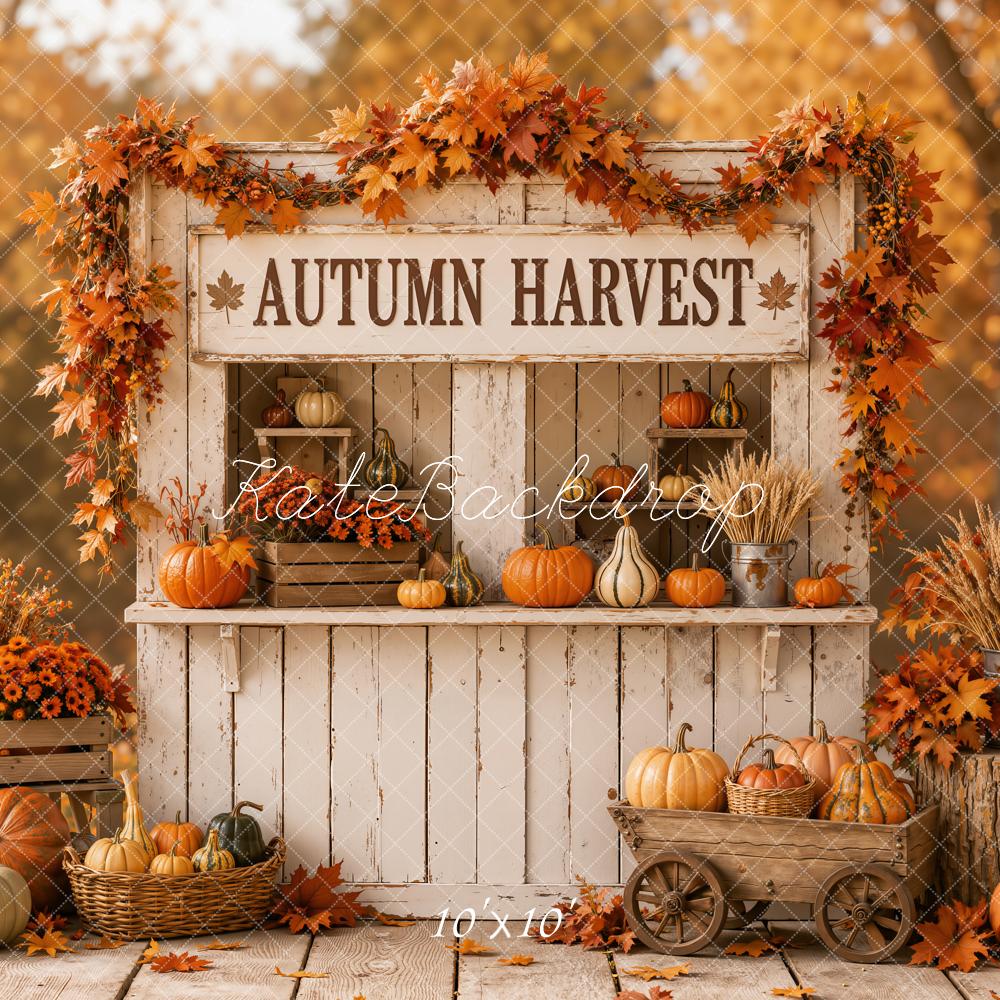 Kate Fall Harvest Pumpkin Stand Wagon Maple Forest Printed Backdrop Designed by Emetselch