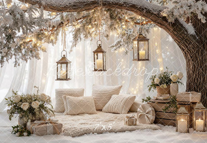 Kate Christmas Branch Arch Snowy Tree Lanterns Pillows Gifts Printed Backdrop Designed by Emetselch