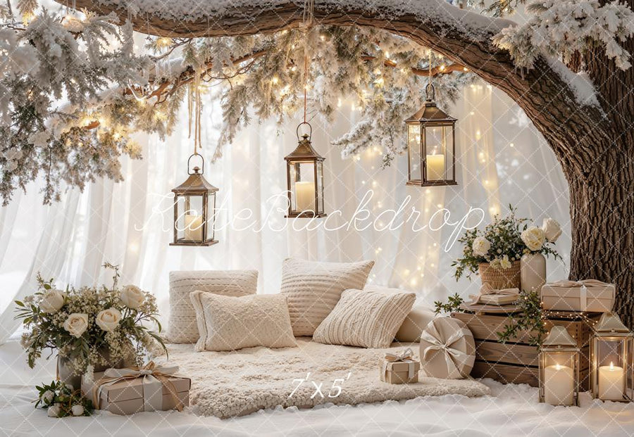 Kate Christmas Branch Arch Snowy Tree Lanterns Pillows Gifts Printed Backdrop Designed by Emetselch