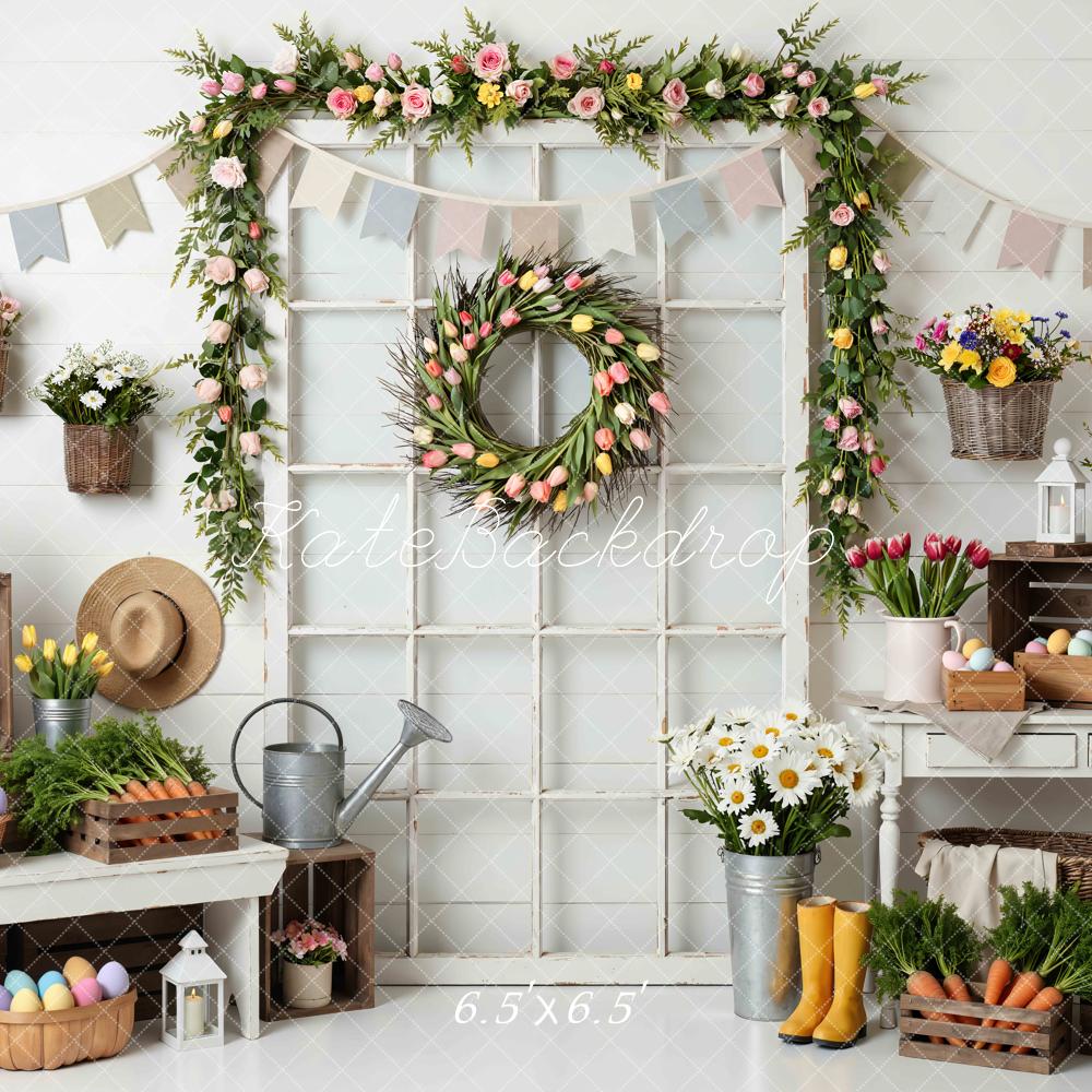 Kate Easter Bunny Spring Floral Crates Wreath Backdrop Designed by Mini MakeBelieve
