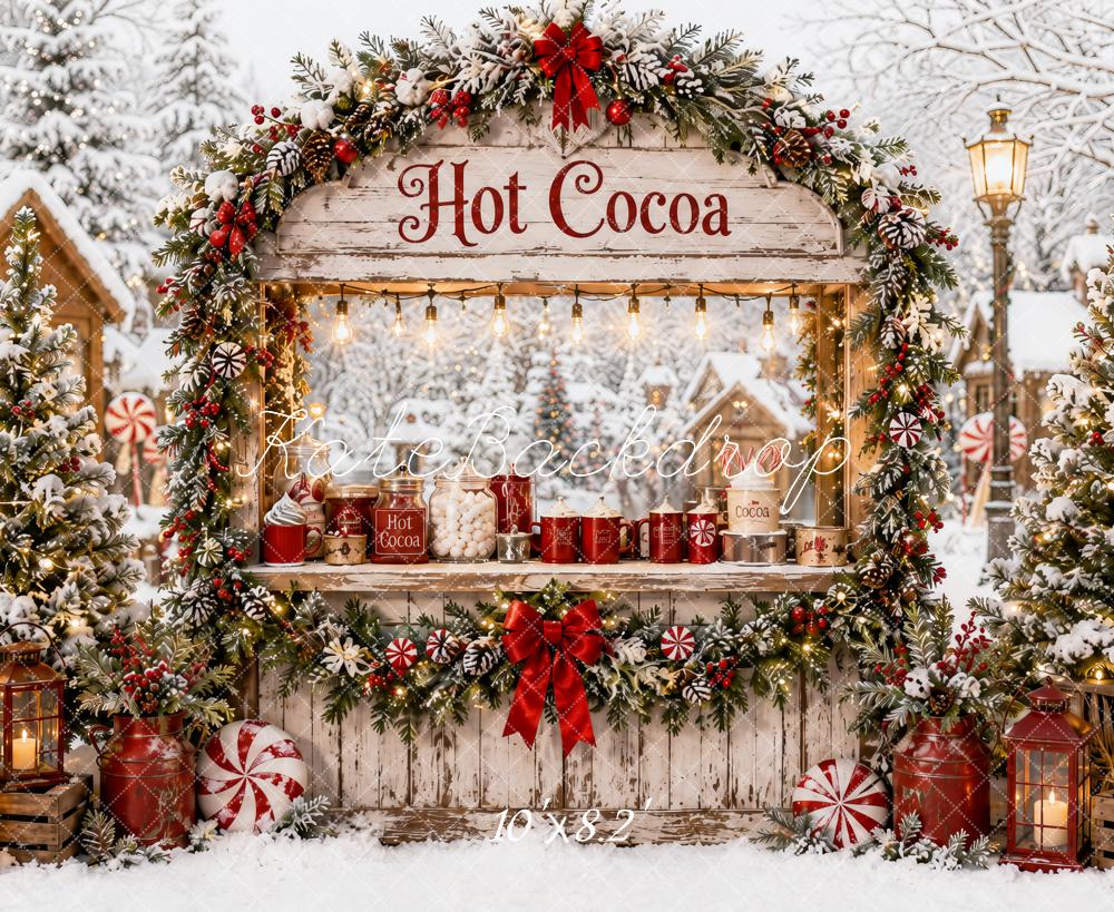 Kate Christmas Vintage Hot Cocoa Stand Snowy Village Trees Printed Backdrop Designed by Ashley Paul