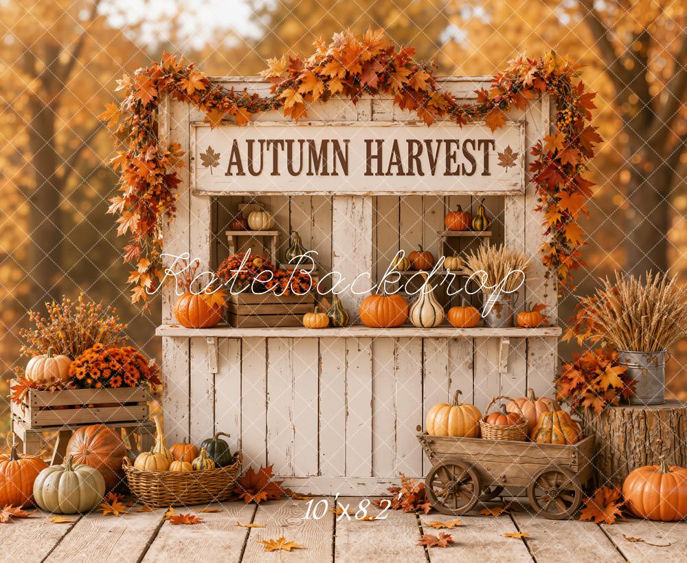 Kate Fall Harvest Pumpkin Stand Wagon Maple Forest Printed Backdrop Designed by Emetselch