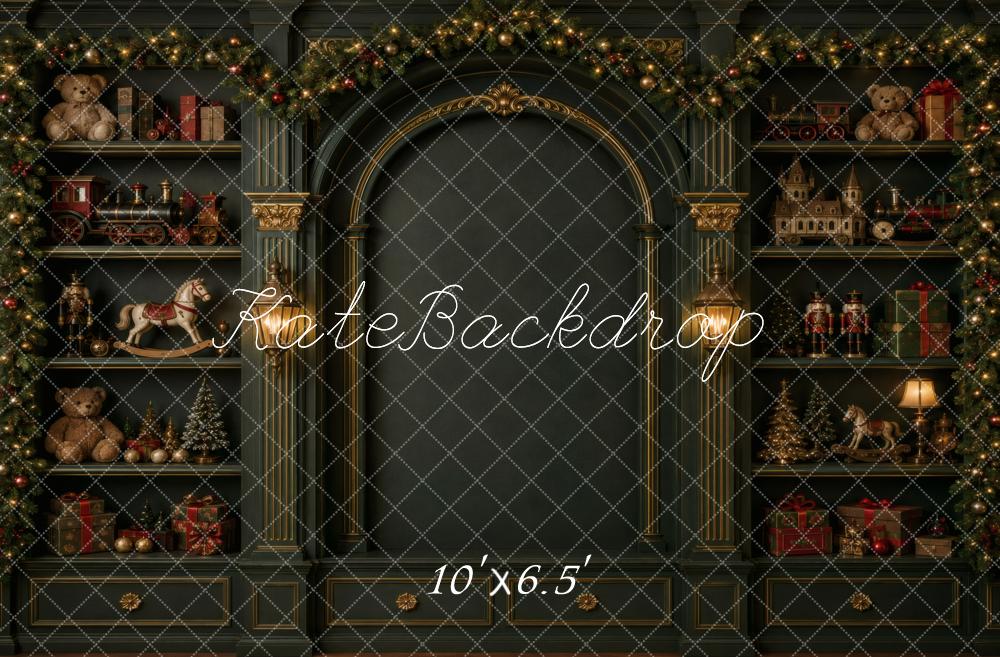 Kate Christmas Green Arch Garland Toy Shelves Printed Backdrop Designed by Vertigo Productions