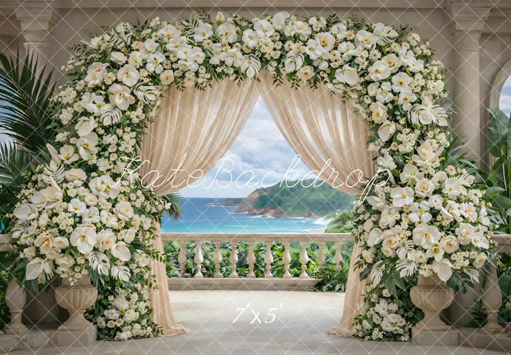 Kate Summer Flower Arch White Floral Drapes Ocean View Printed Backdrop Designed by Mini MakeBelieve