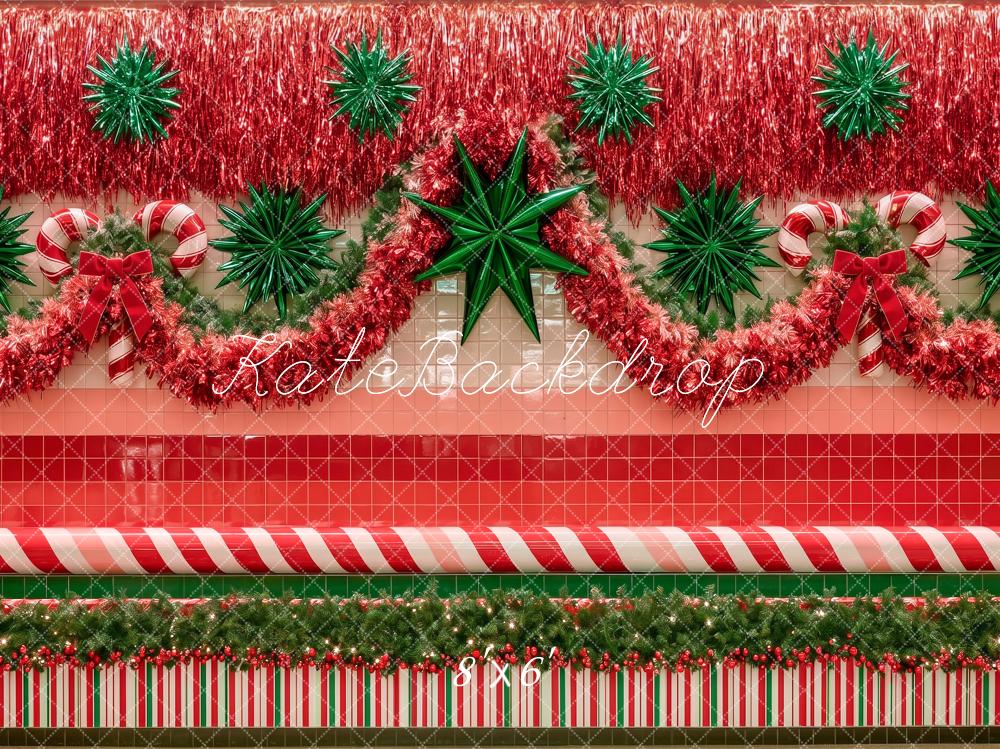 Kate 80's Mall Wall Christmas Tinsel Candy Cane Garland Printed Backdrop Designed by Angela Miller