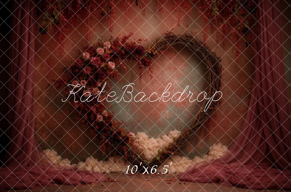 Kate Valentine's Day Burgundy Floral Heart Wreath Printed Backdrop Designed by Ashley Ward