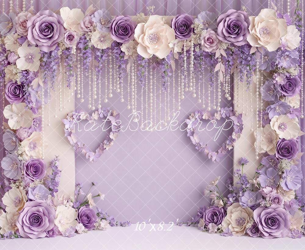 Kate Valentine's Day Purple Paper Flower Arch Pearls Printed Backdrop Designed by Angela Miller