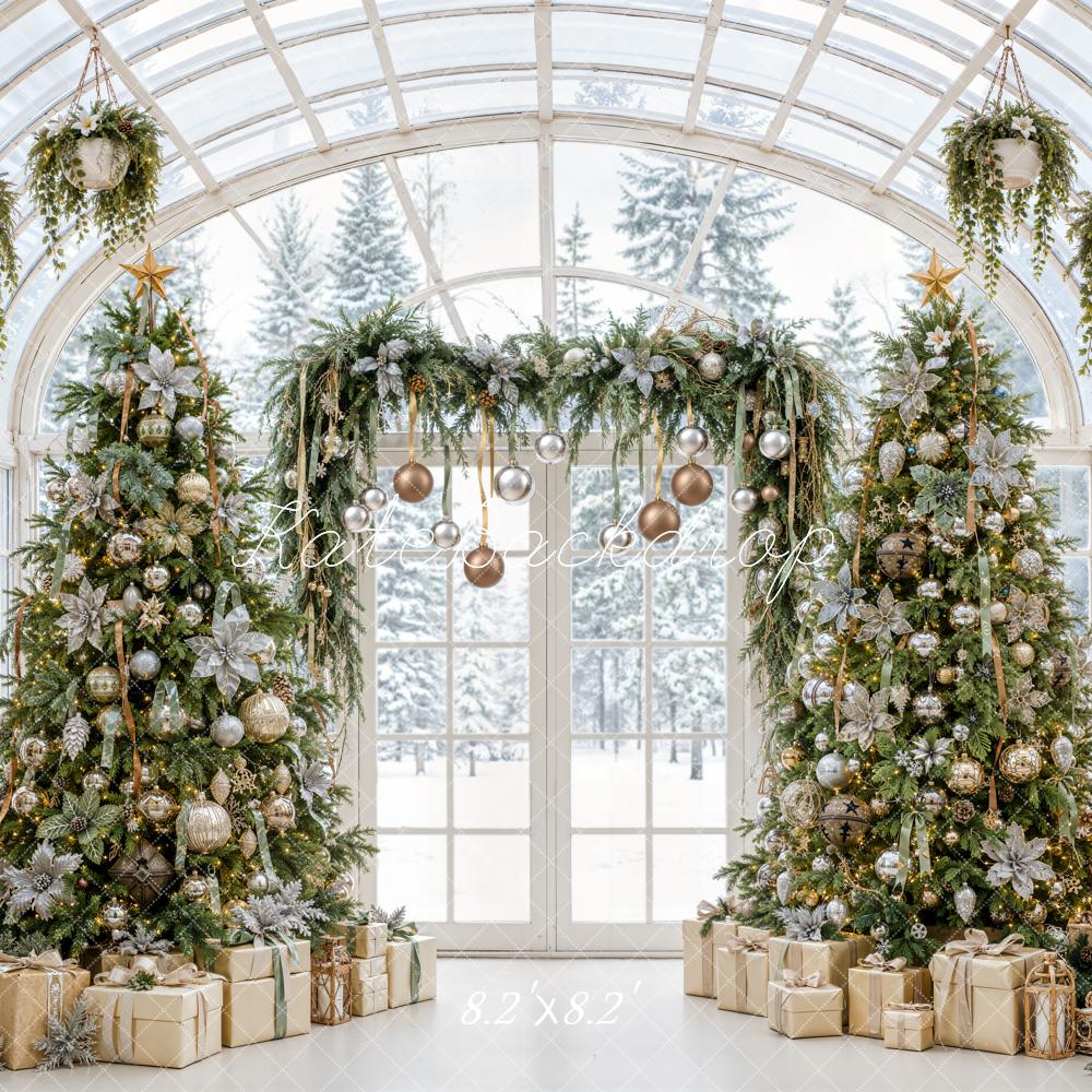 Kate Christmas Greenhouse Trees Garland Gifts Gold Ornaments Printed Backdrop Designed by Emetselch