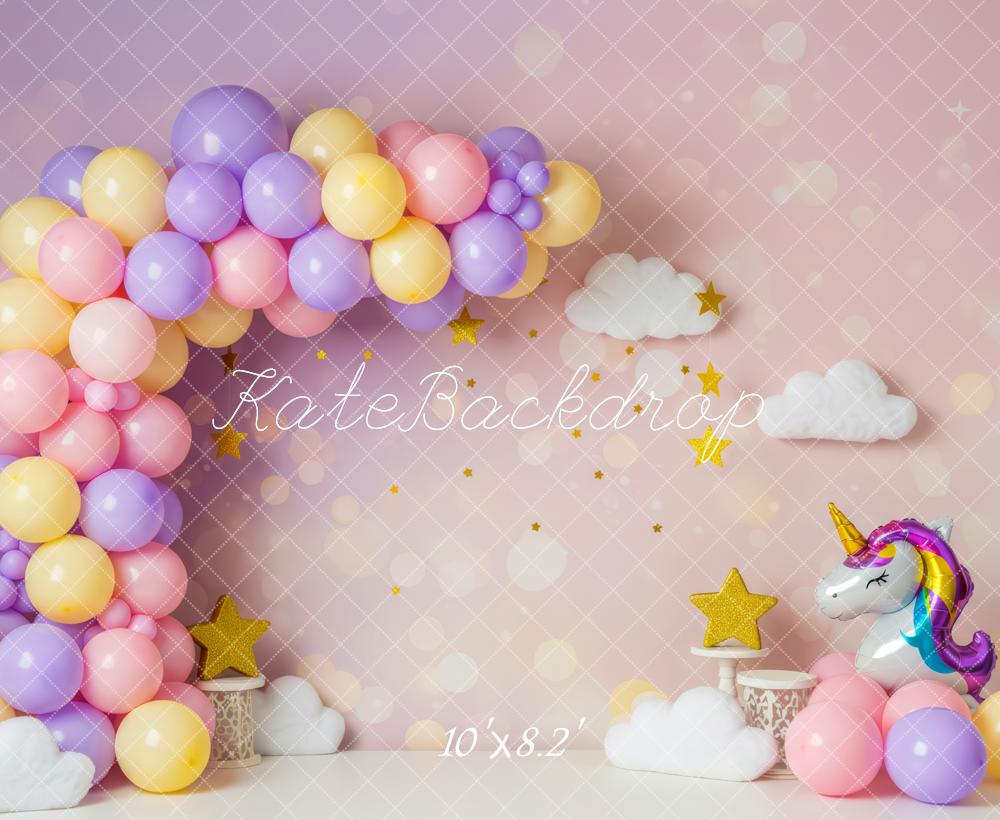 Kate Cake Smash Pastel Balloon Arch Unicorn Clouds Stars Backdrop Designed by Patty Roberts