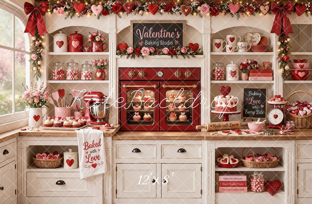 Kate Valentine's Day Kitchen Cabinet Baking Red Oven Roses Printed Backdrop Designed by Emetselch