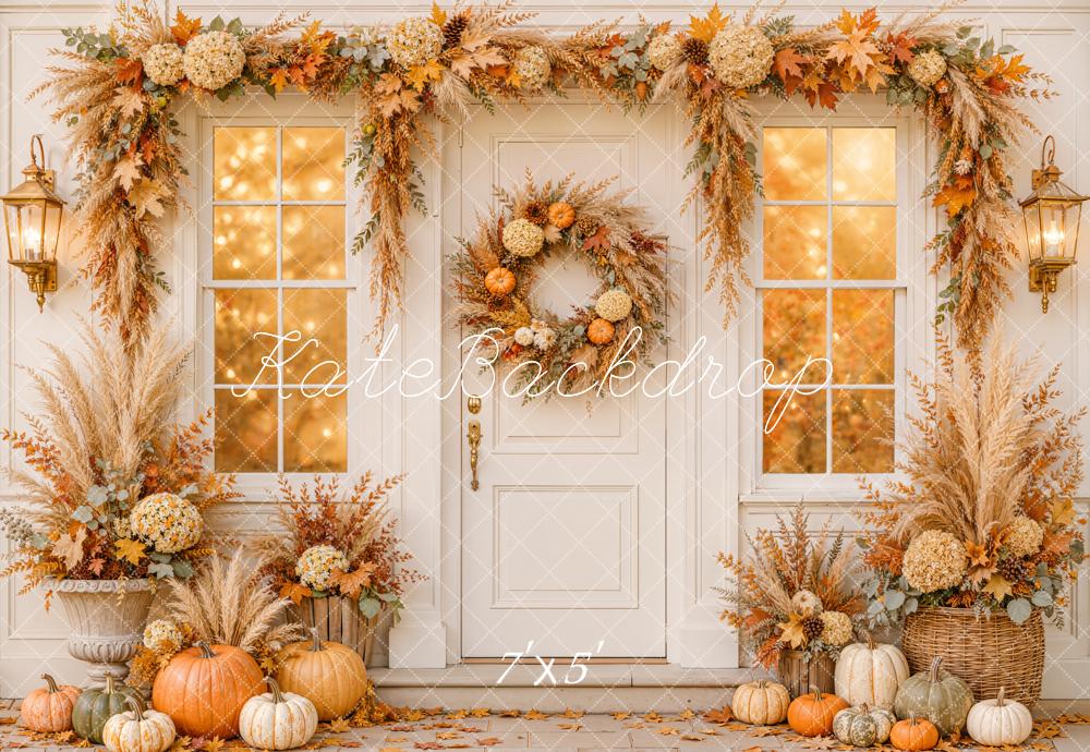 Kate Fall Front Door Floral Garland Wreath Pumpkins Window Printed Backdrop Designed by Emetselch