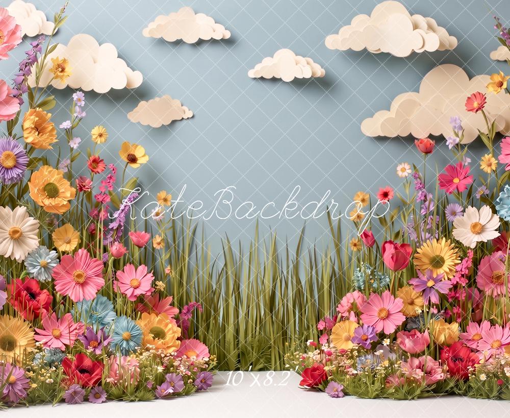 Kate Spring Paper Flowers Wildflower Meadow Clouds Printed Backdrop Designed by Angela Miller