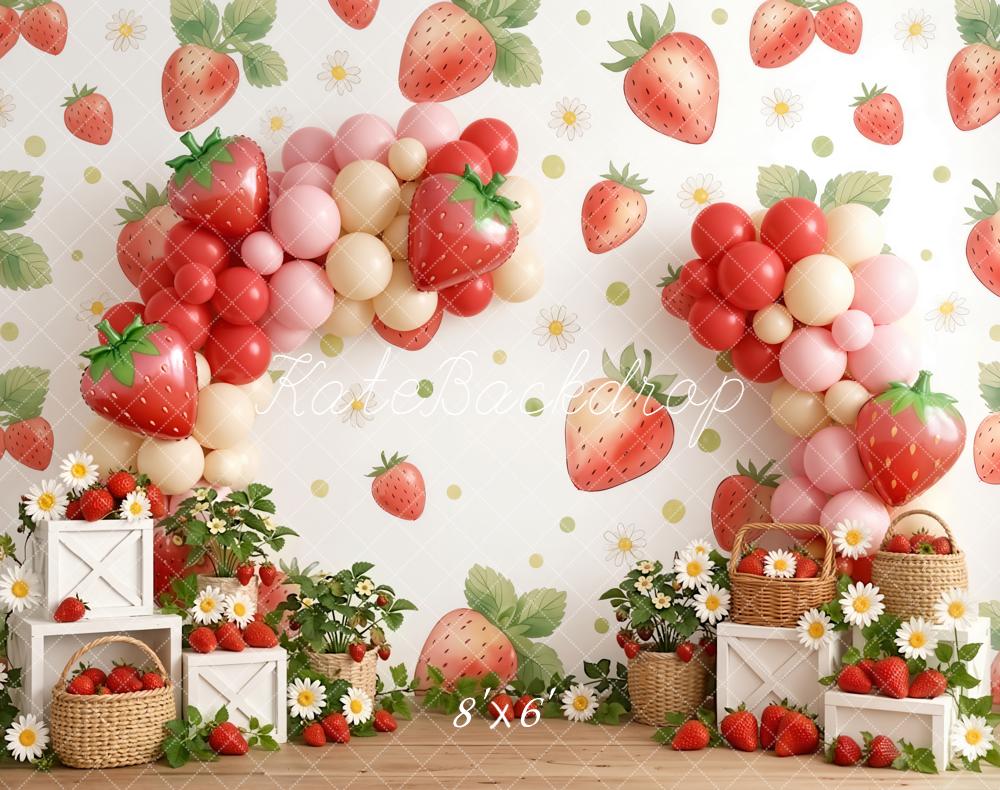 Kate Summer Strawberry Balloon Arch Daisy Basket Printed Backdrop Designed by Emetselch