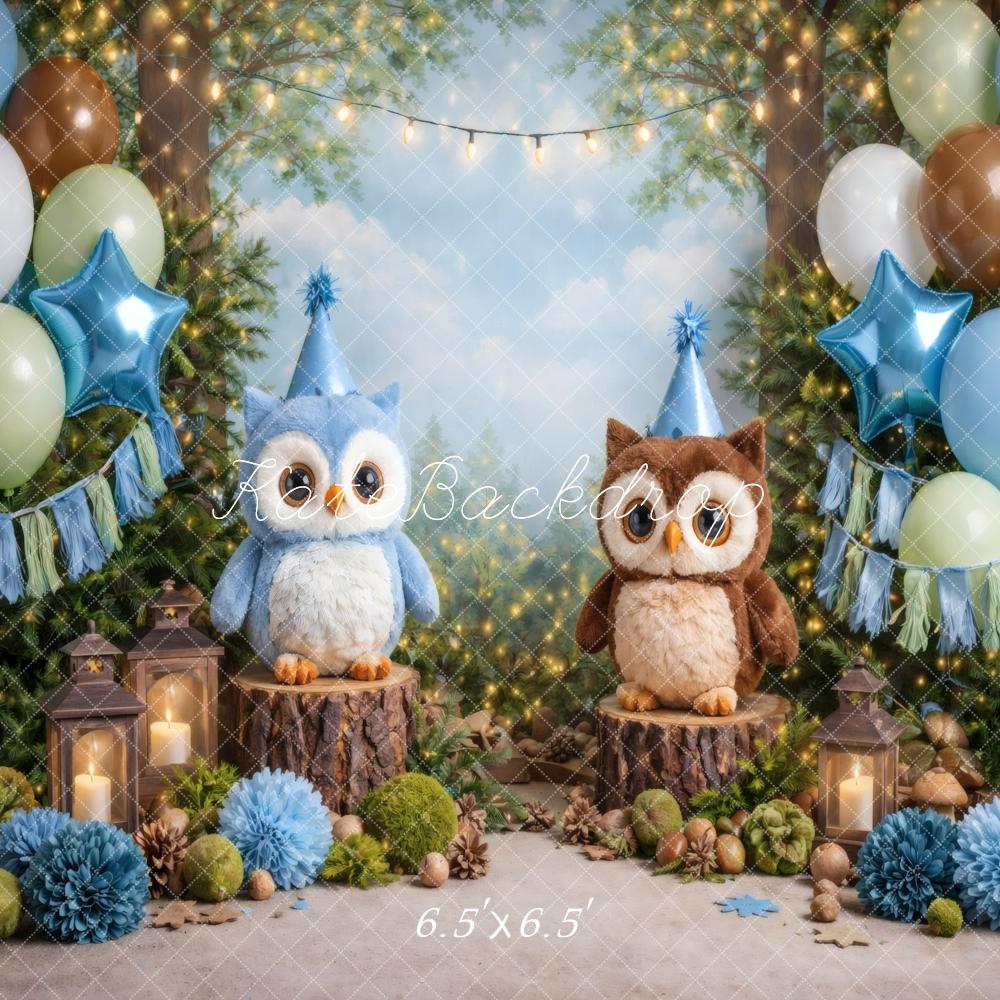 Kate Cake Smash Forest Owls Balloons Lanterns Birthday Party Printed Backdrop Designed by Vertigo Productions