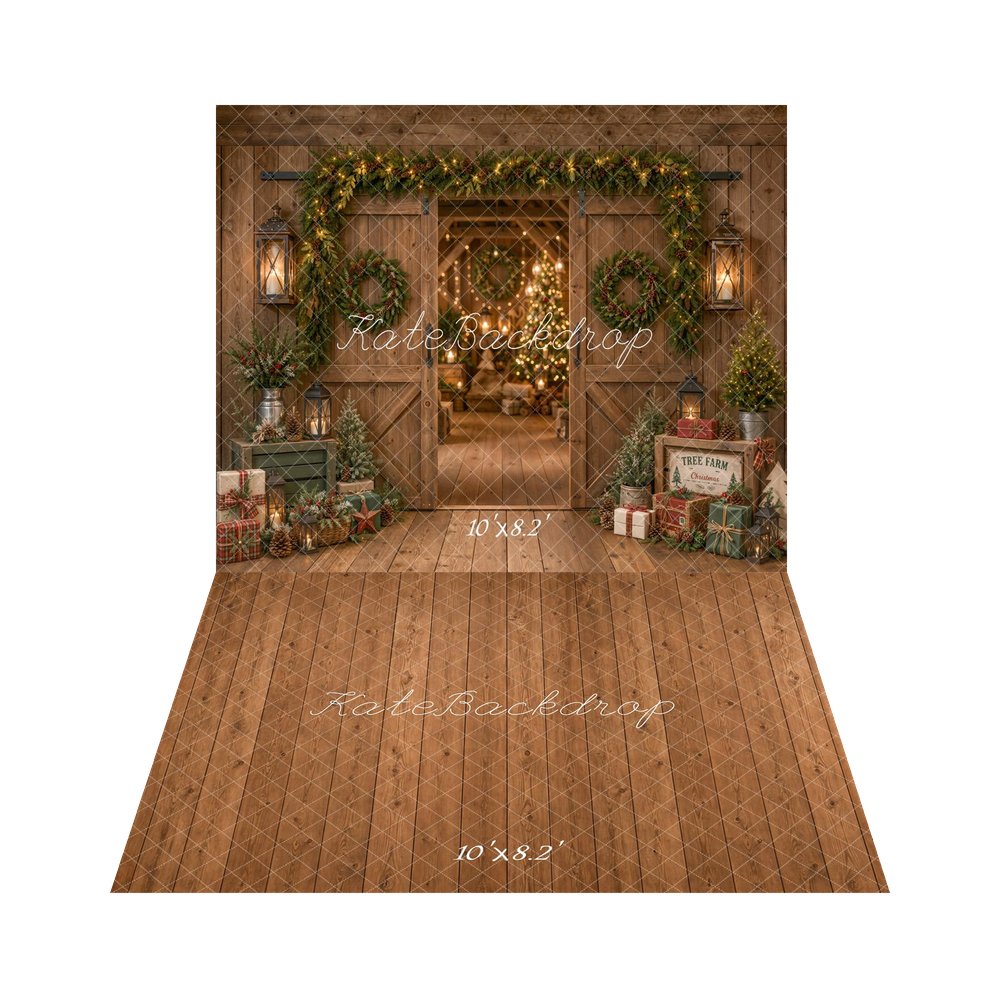 Kate Christmas Rustic Barn Door Garland Wreath Trees Printed Backdrop+Brown Wood Plank Floor Printed Backdrop