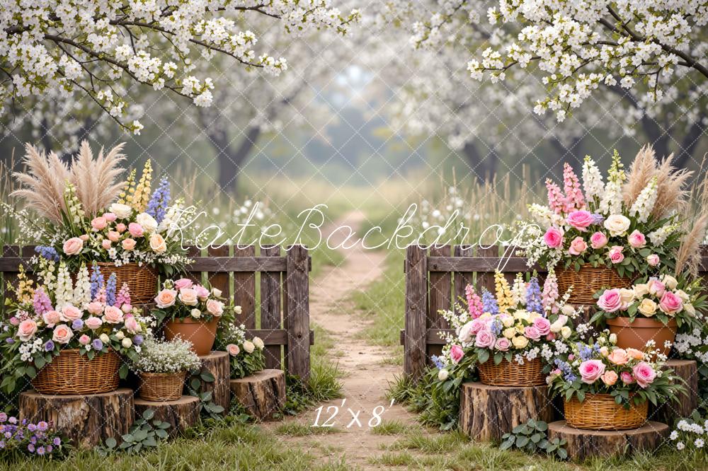 Kate Spring Blossom Garden Wooden Gate Flower Baskets Printed Backdrop Designed by Mini MakeBelieve
