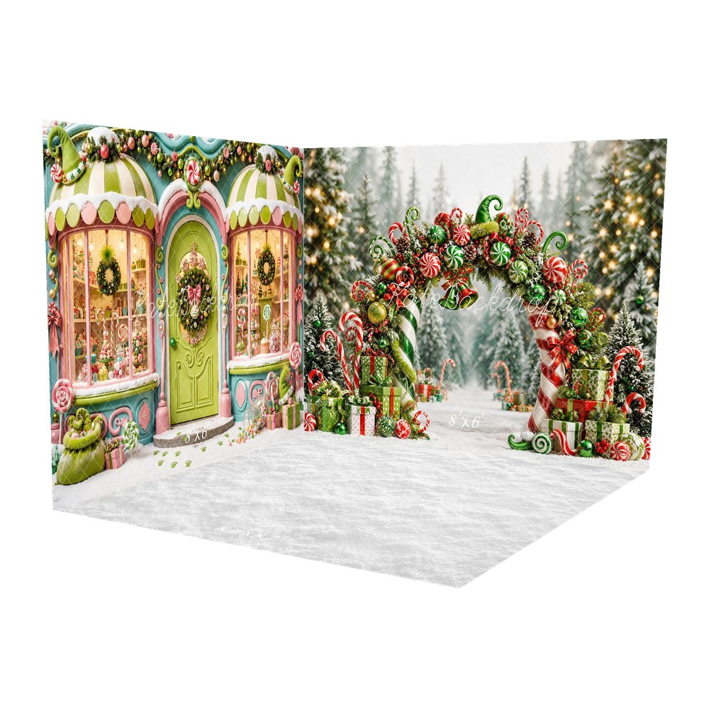 Kate Christmas Green Fantasy Candy Arch Forest Presents Snowy Printed Backdrop Room Set