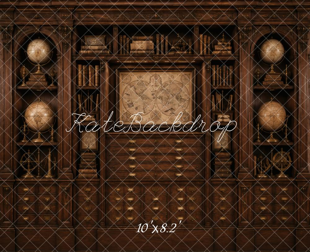 Kate Vintage Cabinet Drawers Globe Bookshelves Map Printed Backdrop Designed by Vertigo Productions