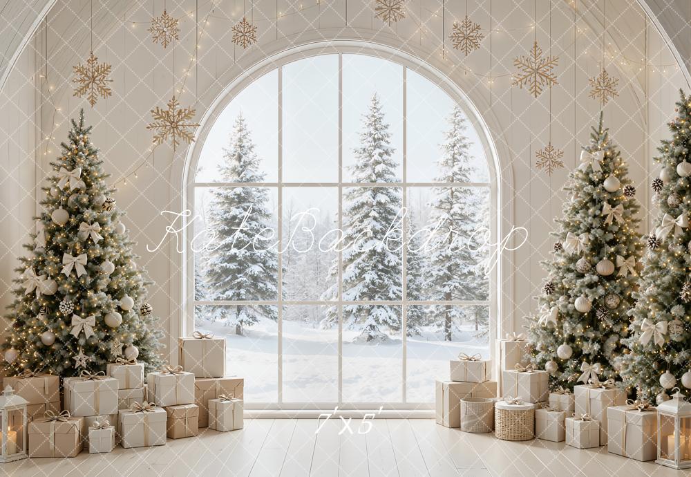 Kate Christmas Trees Snowy Arched Window Snowflakes Presents Printed Backdrop Designed by Emetselch