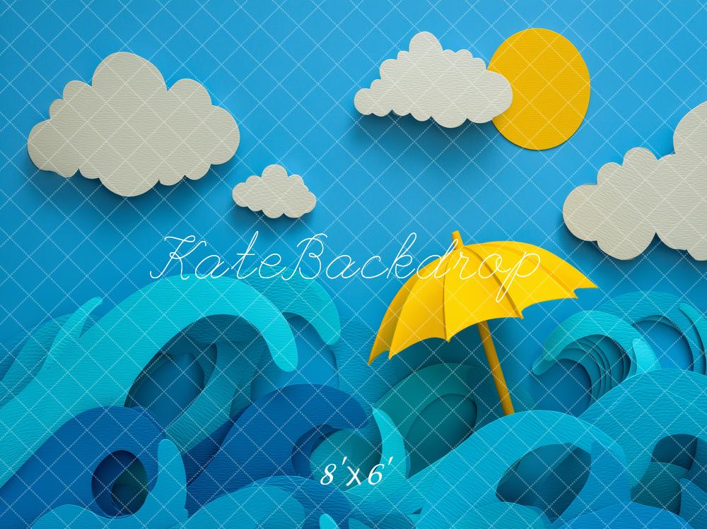 Kate Summer Blue Ocean Waves Clouds Sun Yellow Umbrella Printed Backdrop Designed by Angela Miller