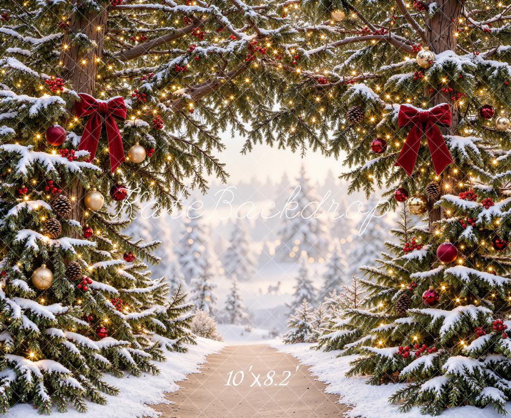 Kate Christmas Trees Snowy Pine Arch Forest Path Printed Backdrop Designed by Emetselch