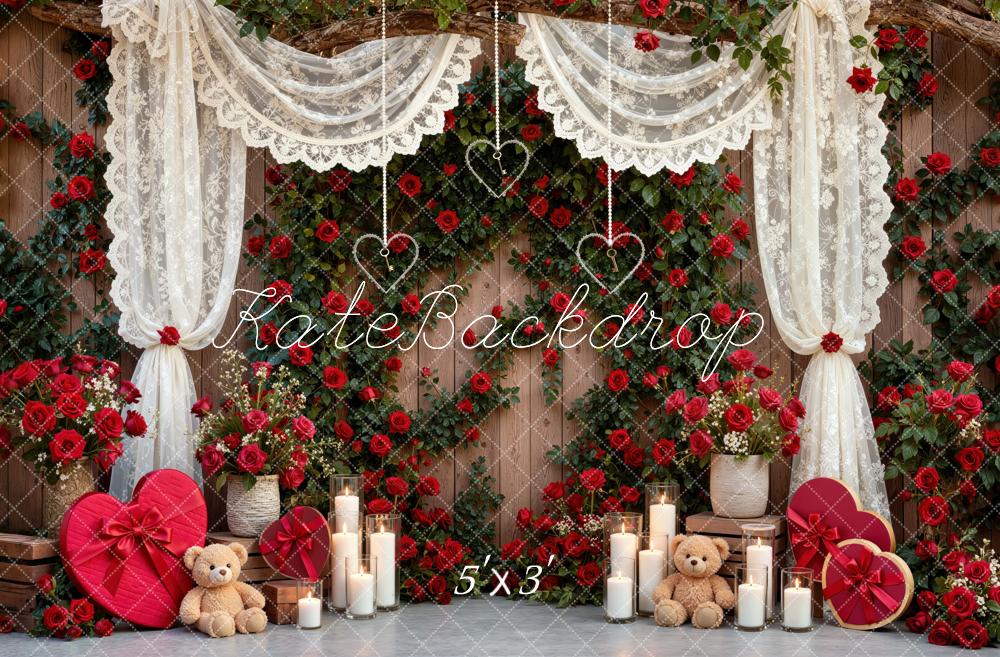 Kate Valentine's Day Lace Curtains Red Rose Heart Teddy Bears Printed Backdrop Designed by Mini MakeBelieve