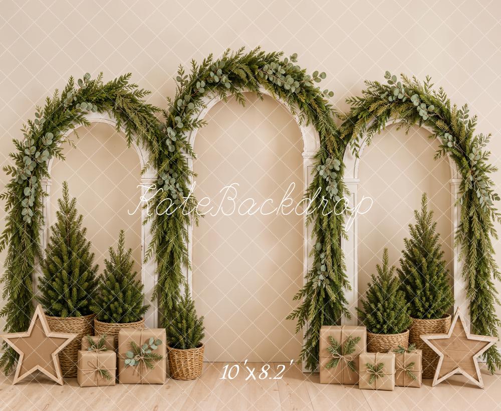 Kate Christmas Greenery Arches Gift Boxes Beige Printed Backdrop Designed by Emetselch