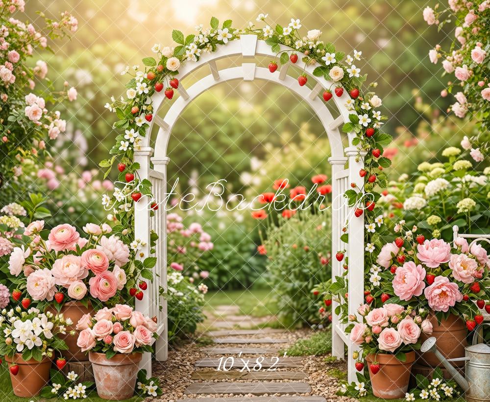 Kate Flower Arch Strawberry Rose Garden Printed Backdrop Designed by Patty Roberts
