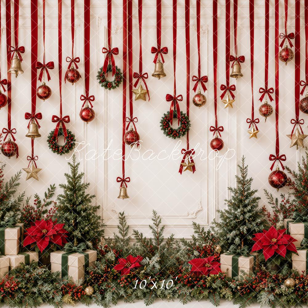Kate Christmas Red Ribbon Bells Ornaments Greenery Gifts Printed Backdrop Designed by Patty Roberts