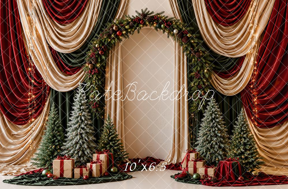 Kate Christmas Red Green Gold Drapes Flower Arch Christmas Trees Gifts Printed Backdrop Designed by Emetselch