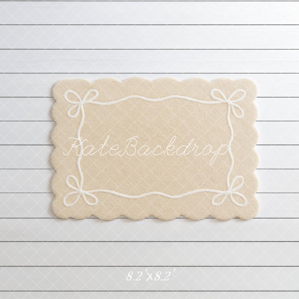 Kate Beige Rug with White Bows on White Shiplap Floor Backdrop Designed by Mini MakeBelieve