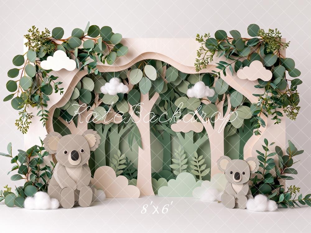 Kate Cake Smash Paper Forest Koala Eucalyptus Greenery Printed Backdrop Designed by Angela Miller