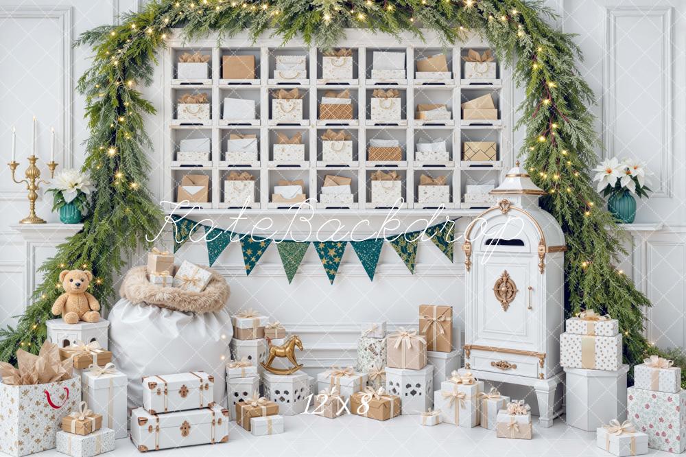 Kate Christmas White Interior Mailbox Evergreen Garland Gift Printed Backdrop Designed by Mini MakeBelieve