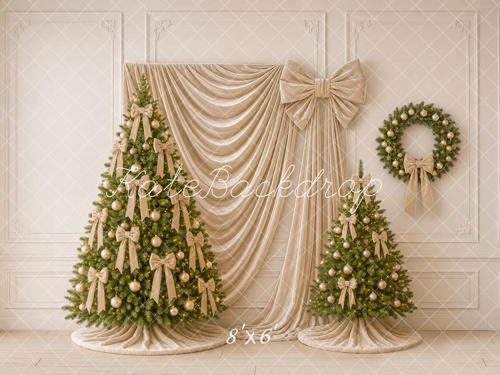 Kate Christmas Tree Gold Bow Wreath Draped Curtain Printed Backdrop Designed by Emetselch